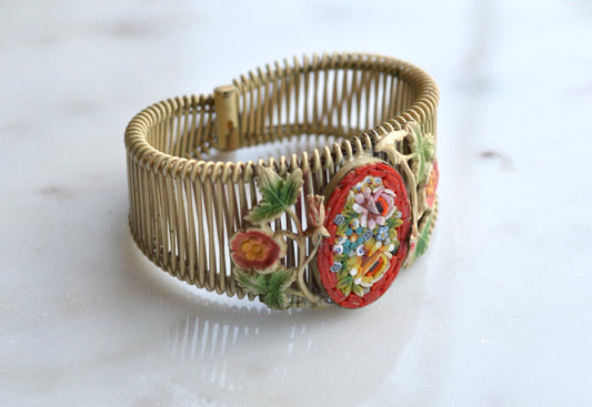 Vintage Italian Micro Mosaic Floral Brass Wire Wrap Cuff Bracelet - 1940s Mid-Century Grand Tour Jewelry