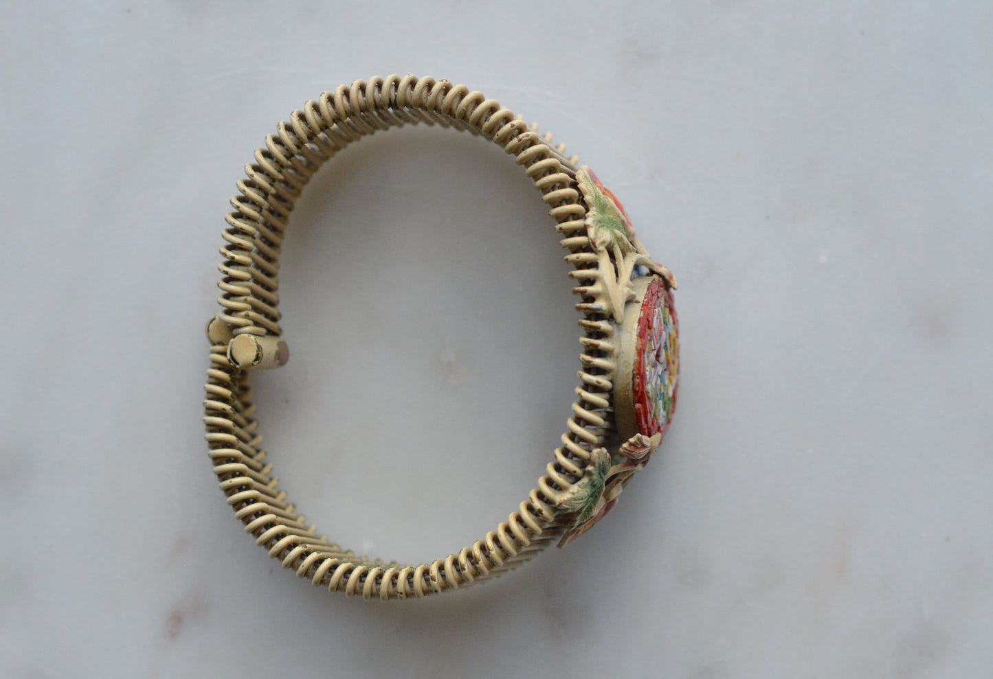 Vintage Italian Micro Mosaic Floral Brass Wire Wrap Cuff Bracelet - 1940s Mid-Century Grand Tour Jewelry