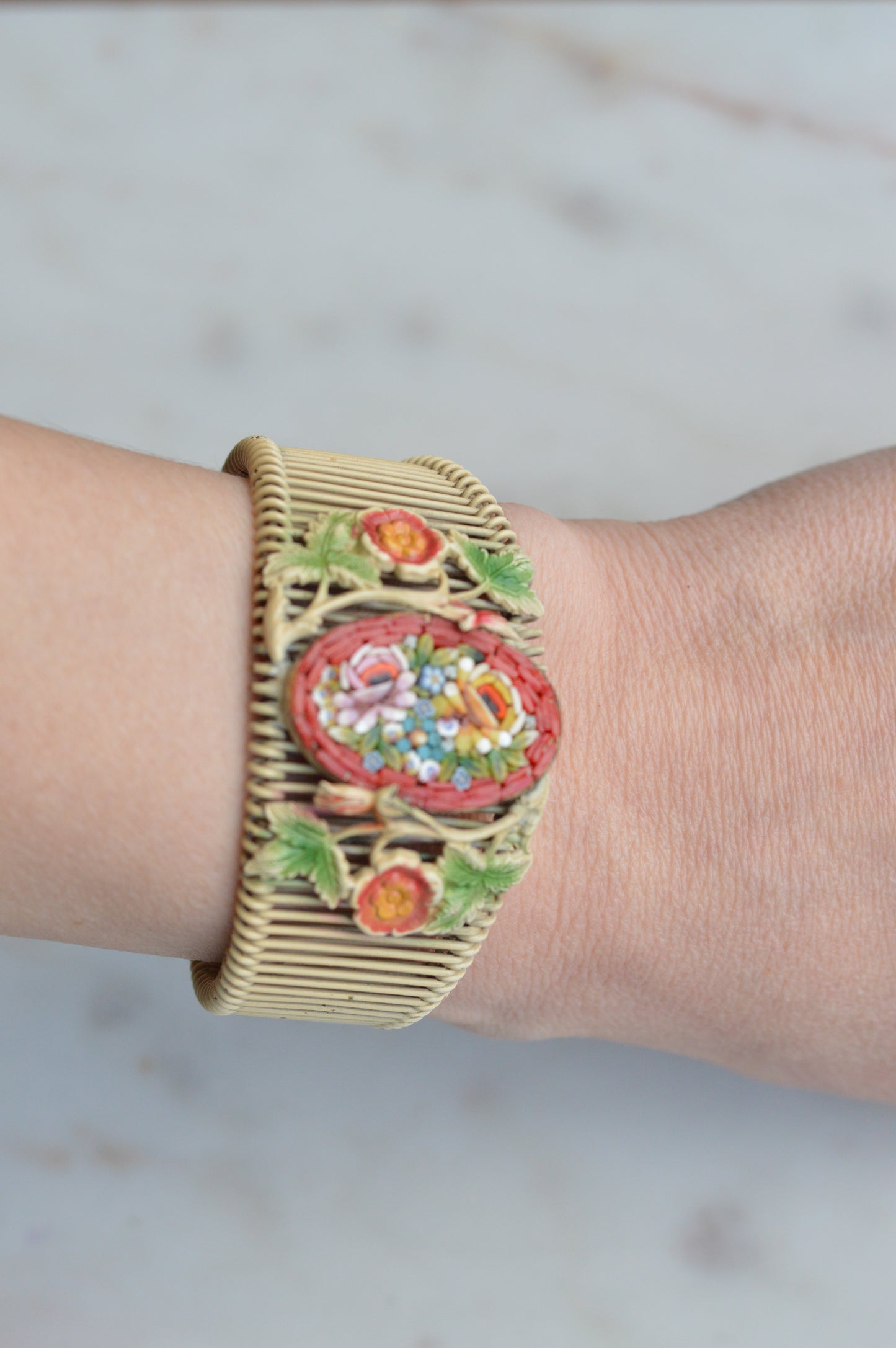 Vintage Italian Micro Mosaic Floral Brass Wire Wrap Cuff Bracelet - 1940s Mid-Century Grand Tour Jewelry