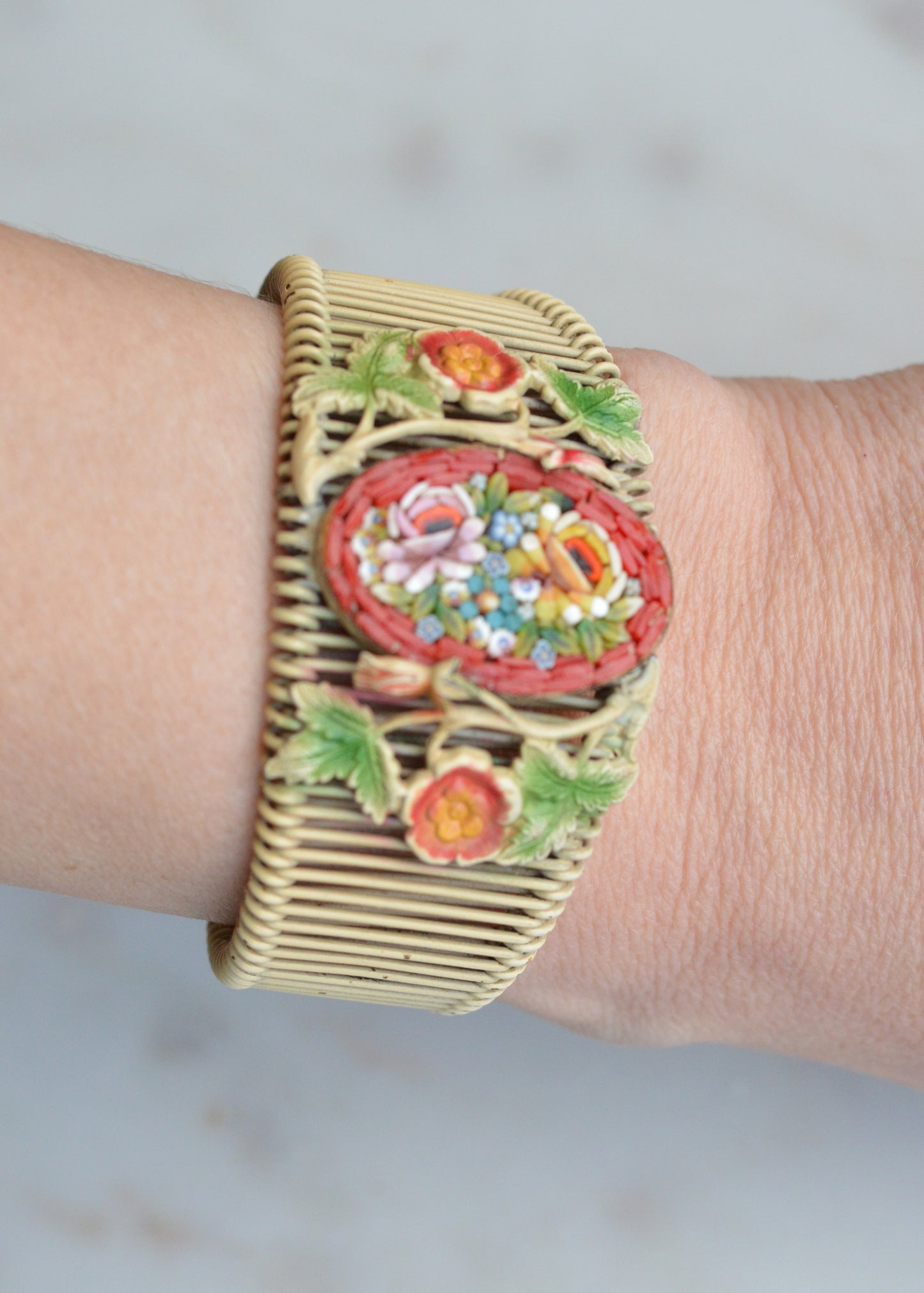 Vintage Italian Micro Mosaic Floral Brass Wire Wrap Cuff Bracelet - 1940s Mid-Century Grand Tour Jewelry