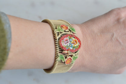 Vintage Italian Micro Mosaic Floral Brass Wire Wrap Cuff Bracelet - 1940s Mid-Century Grand Tour Jewelry