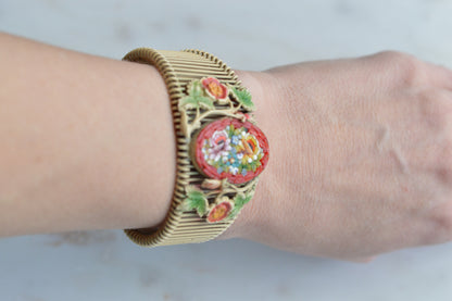Vintage Italian Micro Mosaic Floral Brass Wire Wrap Cuff Bracelet - 1940s Mid-Century Grand Tour Jewelry