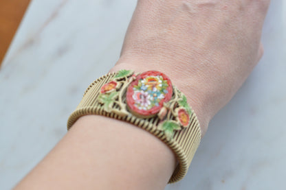 Vintage Italian Micro Mosaic Floral Brass Wire Wrap Cuff Bracelet - 1940s Mid-Century Grand Tour Jewelry