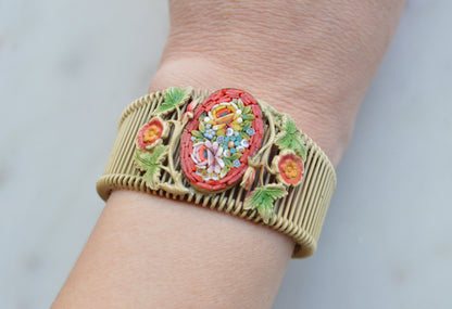 Vintage Italian Micro Mosaic Floral Brass Wire Wrap Cuff Bracelet - 1940s Mid-Century Grand Tour Jewelry