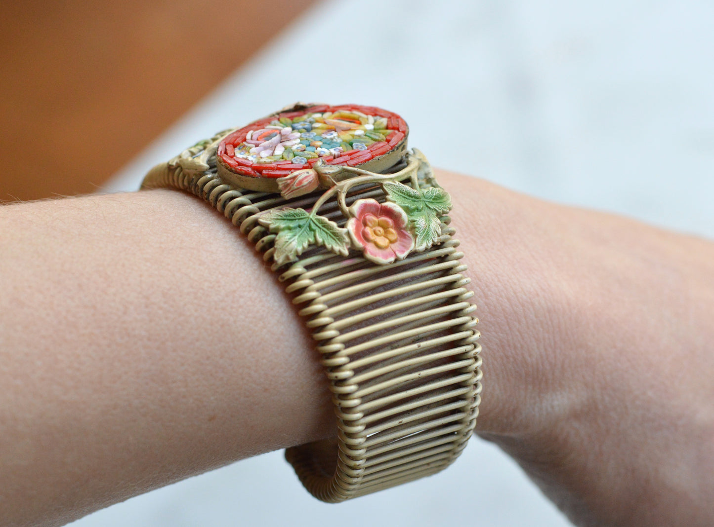 Vintage Italian Micro Mosaic Floral Brass Wire Wrap Cuff Bracelet - 1940s Mid-Century Grand Tour Jewelry