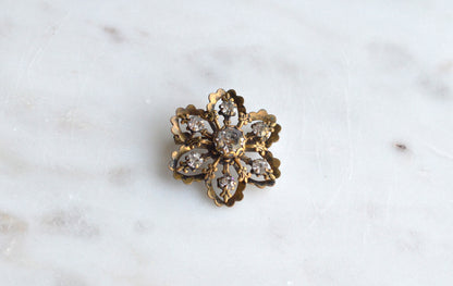 Vintage Gold Tone Filigree Flower Brooch with Clear Rhinestones, Mid-Century Floral Pin, Antique Style Costume Jewelry, Gift for Her