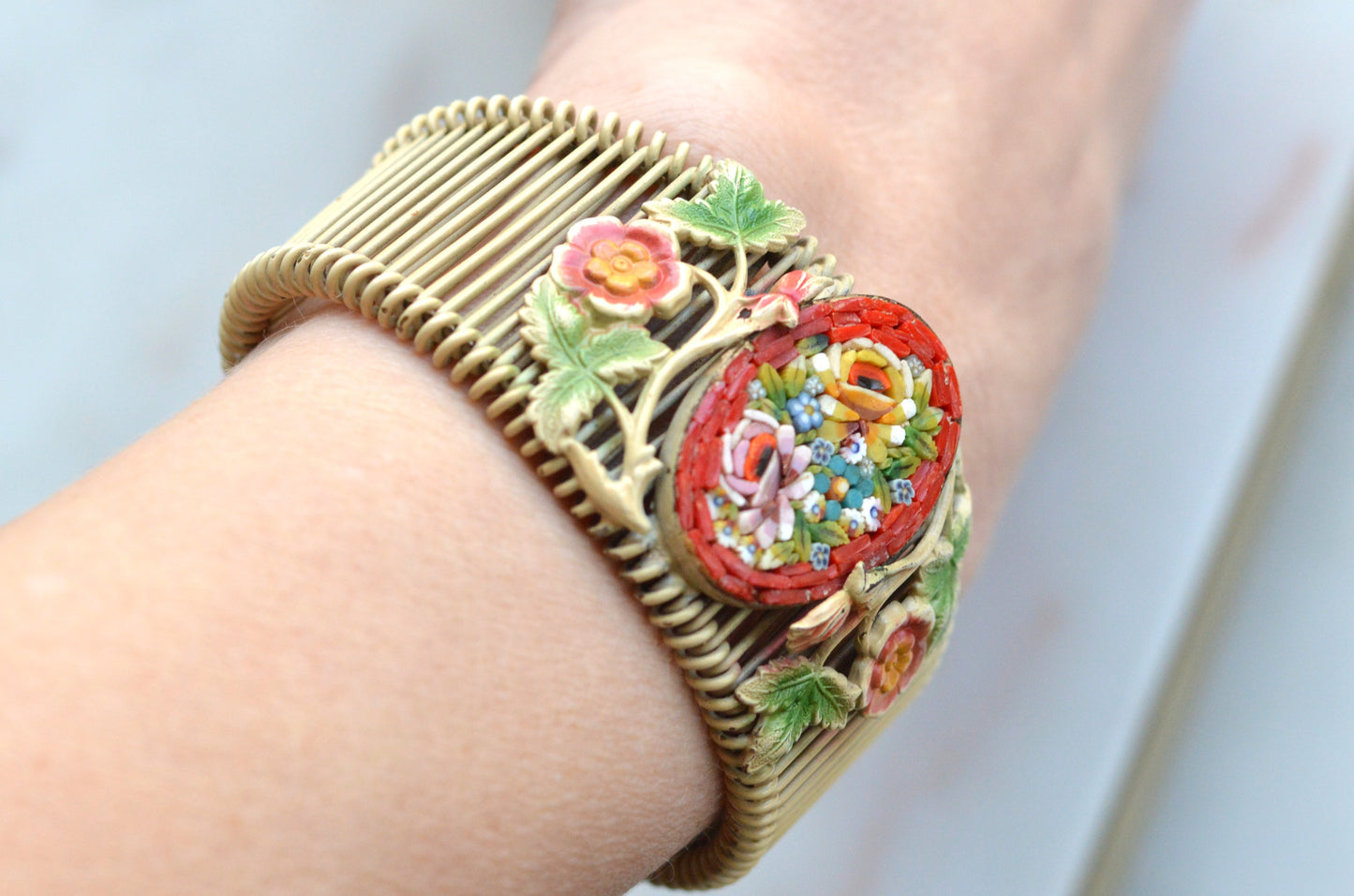 Vintage Italian Micro Mosaic Floral Brass Wire Wrap Cuff Bracelet - 1940s Mid-Century Grand Tour Jewelry