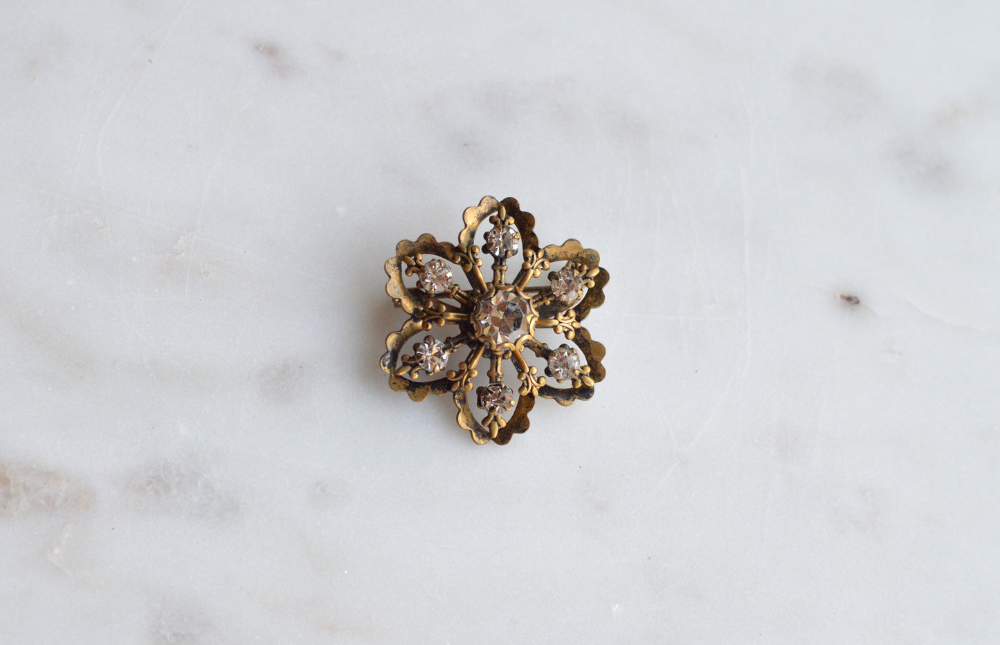 Vintage Gold Tone Filigree Flower Brooch with Clear Rhinestones, Mid-Century Floral Pin, Antique Style Costume Jewelry, Gift for Her