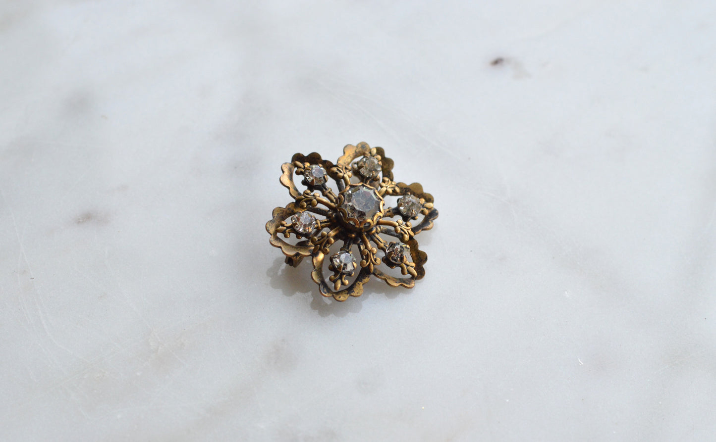 Vintage Gold Tone Filigree Flower Brooch with Clear Rhinestones, Mid-Century Floral Pin, Antique Style Costume Jewelry, Gift for Her