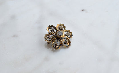 Vintage Gold Tone Filigree Flower Brooch with Clear Rhinestones, Mid-Century Floral Pin, Antique Style Costume Jewelry, Gift for Her