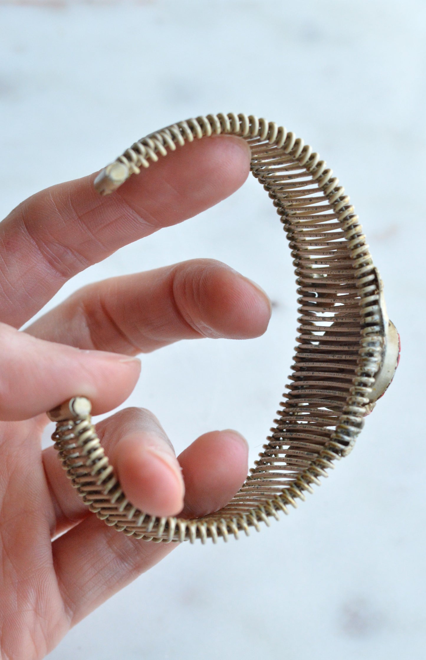 Vintage Italian Micro Mosaic Floral Brass Wire Wrap Cuff Bracelet - 1940s Mid-Century Grand Tour Jewelry