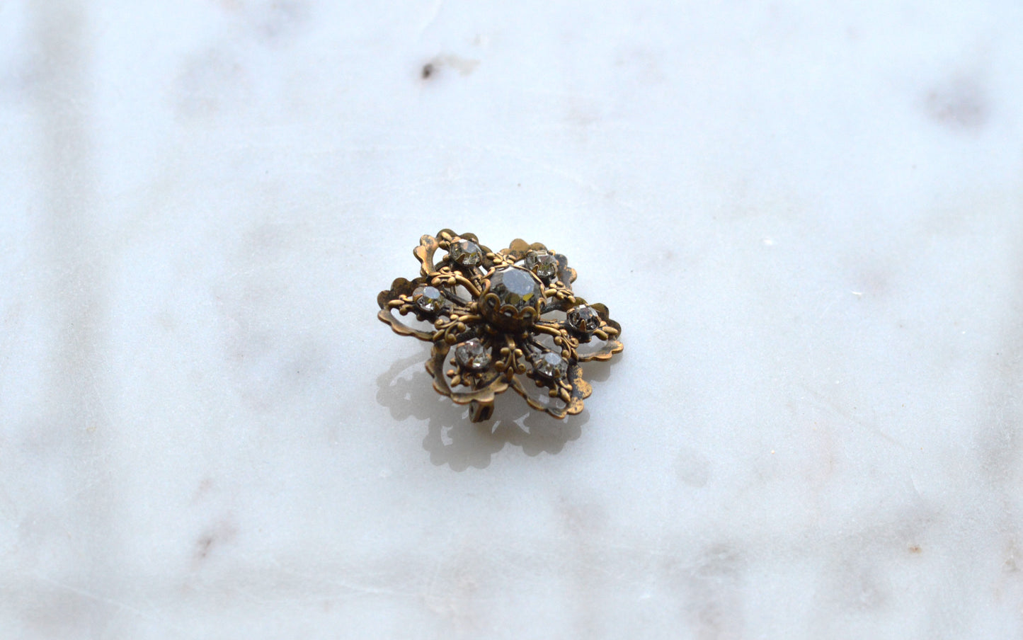 Vintage Gold Tone Filigree Flower Brooch with Clear Rhinestones, Mid-Century Floral Pin, Antique Style Costume Jewelry, Gift for Her