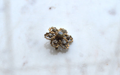 Vintage Gold Tone Filigree Flower Brooch with Clear Rhinestones, Mid-Century Floral Pin, Antique Style Costume Jewelry, Gift for Her