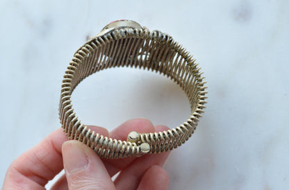 Vintage Italian Micro Mosaic Floral Brass Wire Wrap Cuff Bracelet - 1940s Mid-Century Grand Tour Jewelry