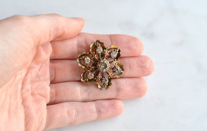Vintage Gold Tone Filigree Flower Brooch with Clear Rhinestones, Mid-Century Floral Pin, Antique Style Costume Jewelry, Gift for Her