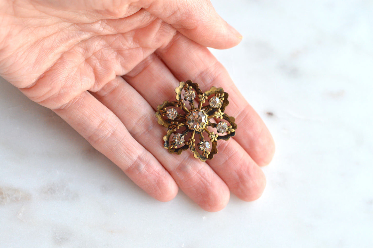 Vintage Gold Tone Filigree Flower Brooch with Clear Rhinestones, Mid-Century Floral Pin, Antique Style Costume Jewelry, Gift for Her