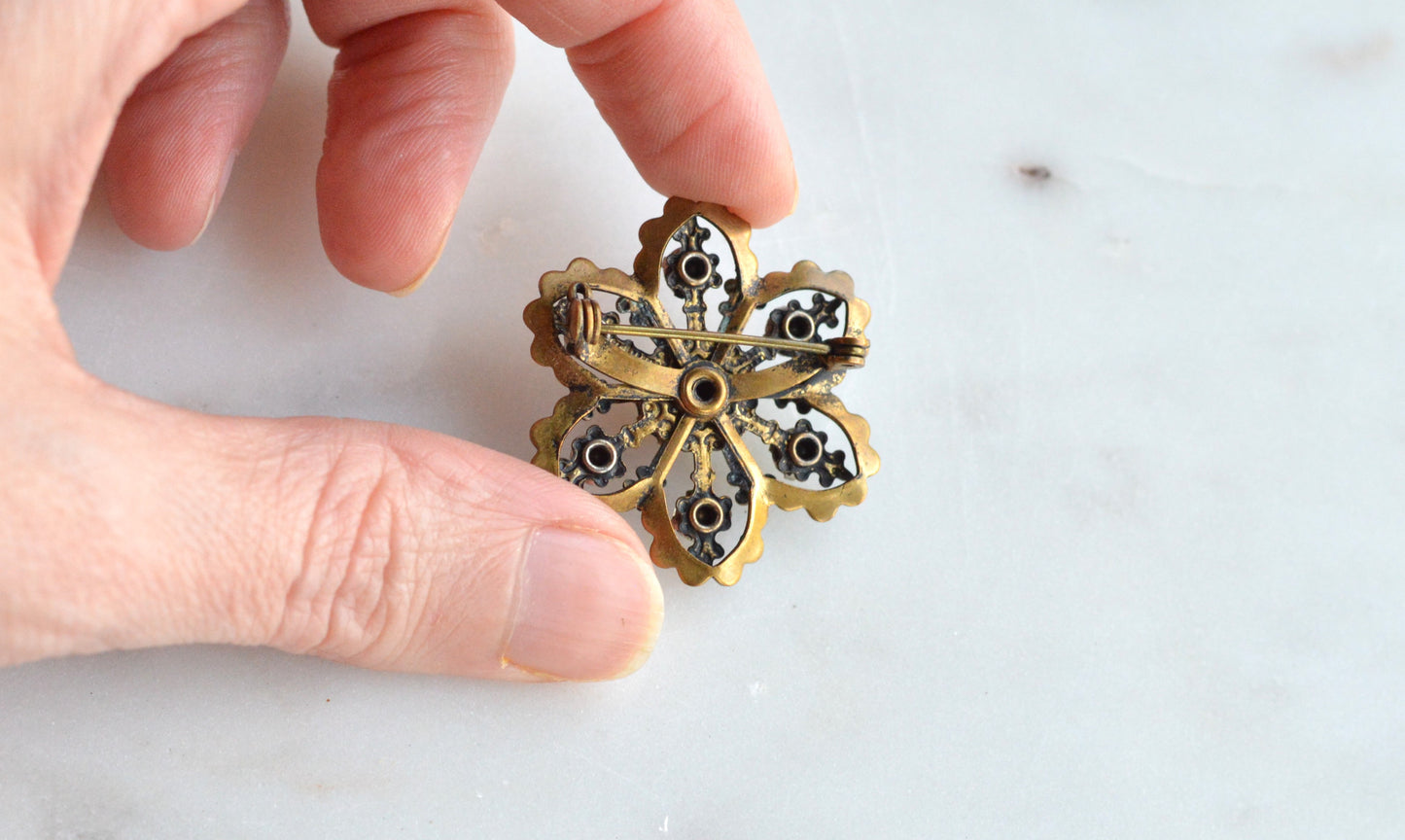 Vintage Gold Tone Filigree Flower Brooch with Clear Rhinestones, Mid-Century Floral Pin, Antique Style Costume Jewelry, Gift for Her