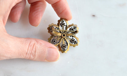 Vintage Gold Tone Filigree Flower Brooch with Clear Rhinestones, Mid-Century Floral Pin, Antique Style Costume Jewelry, Gift for Her