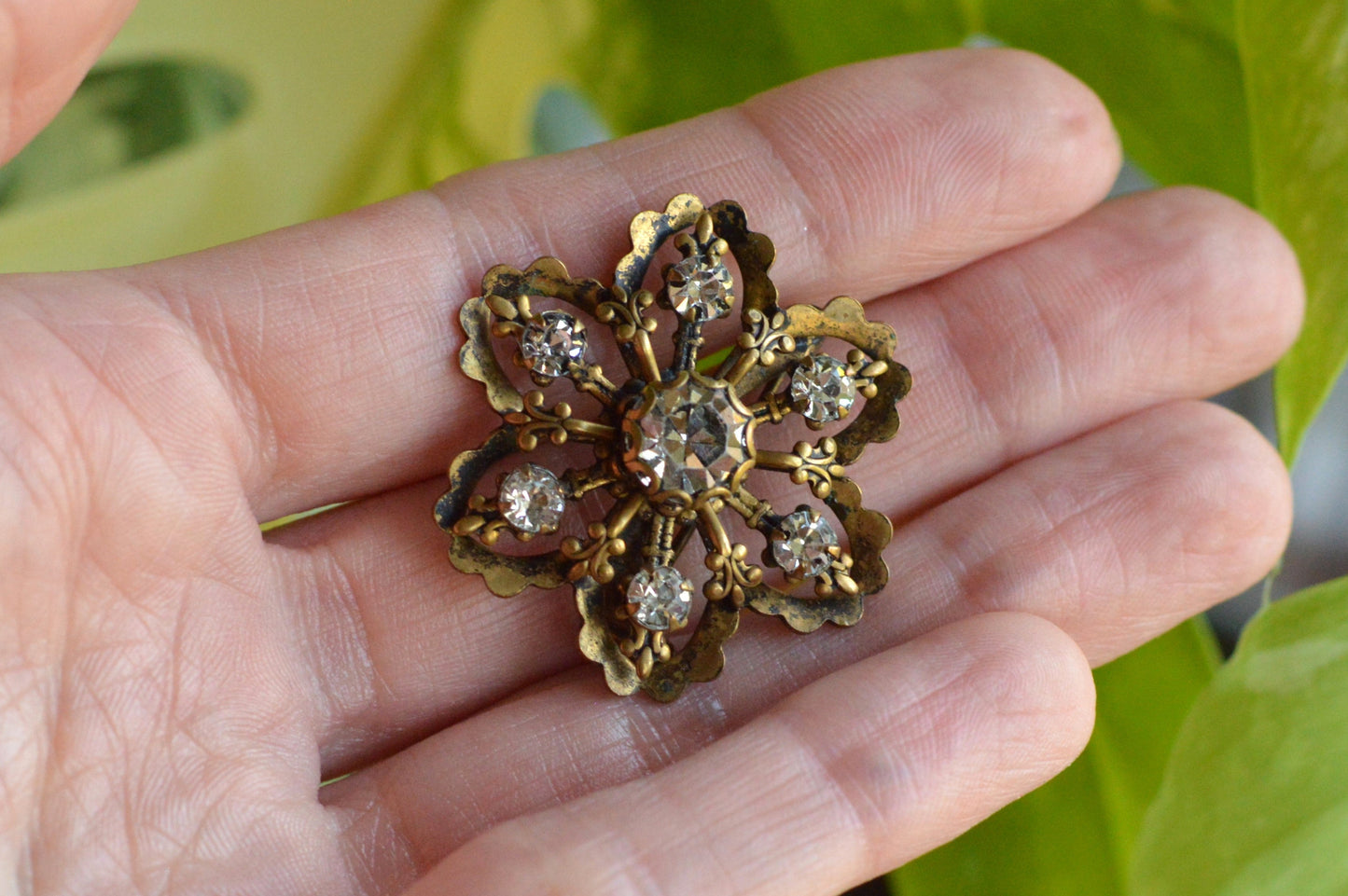 Vintage Gold Tone Filigree Flower Brooch with Clear Rhinestones, Mid-Century Floral Pin, Antique Style Costume Jewelry, Gift for Her