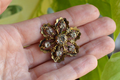 Vintage Gold Tone Filigree Flower Brooch with Clear Rhinestones, Mid-Century Floral Pin, Antique Style Costume Jewelry, Gift for Her