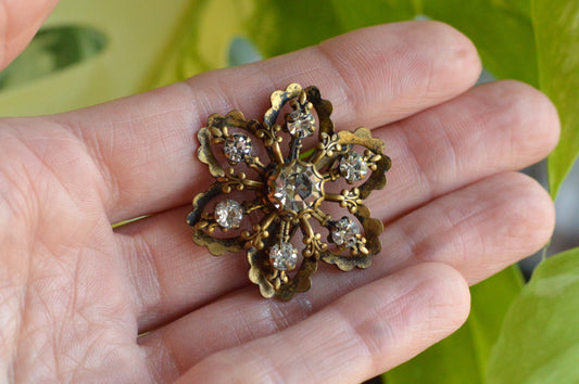 Vintage Gold Tone Filigree Flower Brooch with Clear Rhinestones, Mid-Century Floral Pin, Antique Style Costume Jewelry, Gift for Her