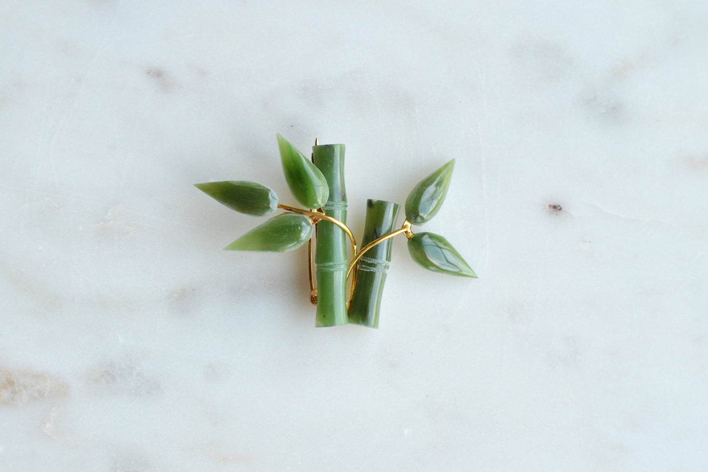 Vintage 1970s Carved Nephrite Jade Bamboo Brooch - Mid Century Style Pin in Original "Made in Taiwan ROC" Presentation Box