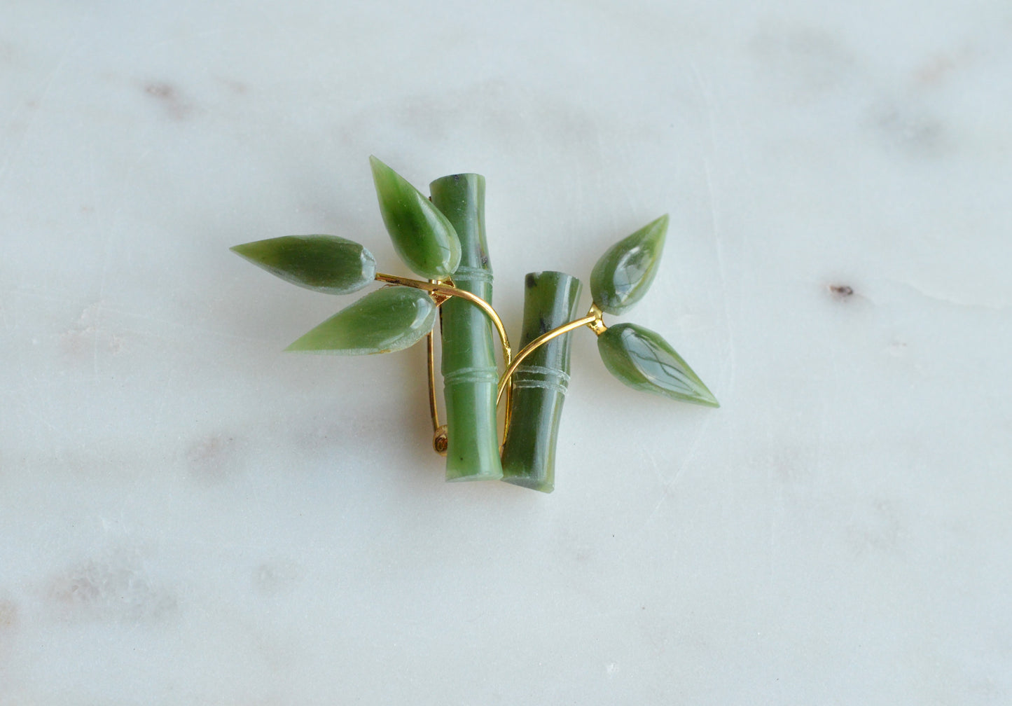 Vintage 1970s Carved Nephrite Jade Bamboo Brooch - Mid Century Style Pin in Original "Made in Taiwan ROC" Presentation Box