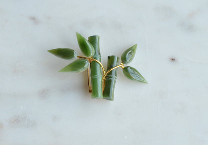 Vintage 1970s Carved Nephrite Jade Bamboo Brooch - Mid Century Style Pin in Original "Made in Taiwan ROC" Presentation Box