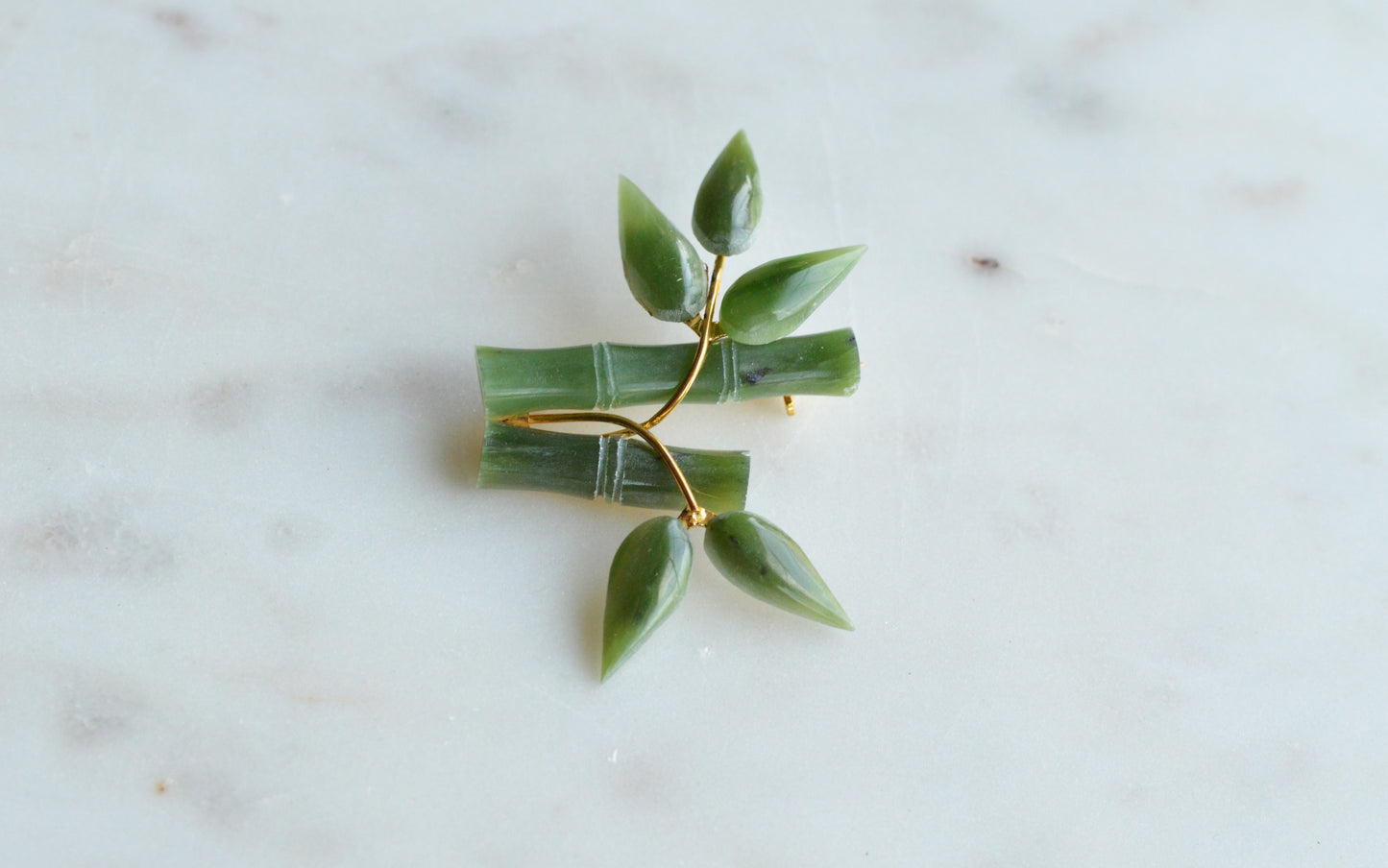 Vintage 1970s Carved Nephrite Jade Bamboo Brooch - Mid Century Style Pin in Original "Made in Taiwan ROC" Presentation Box