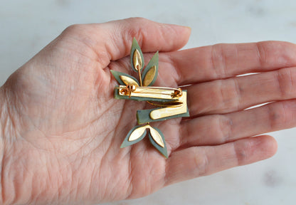 Vintage 1970s Carved Nephrite Jade Bamboo Brooch - Mid Century Style Pin in Original "Made in Taiwan ROC" Presentation Box