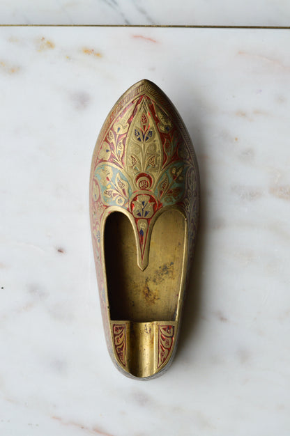 Vintage Brass Slipper Ashtray | Rare Blacklight Reactive Enamel | UV Fluorescent Indian Shoe | Hand-Painted Boho Tobacciana