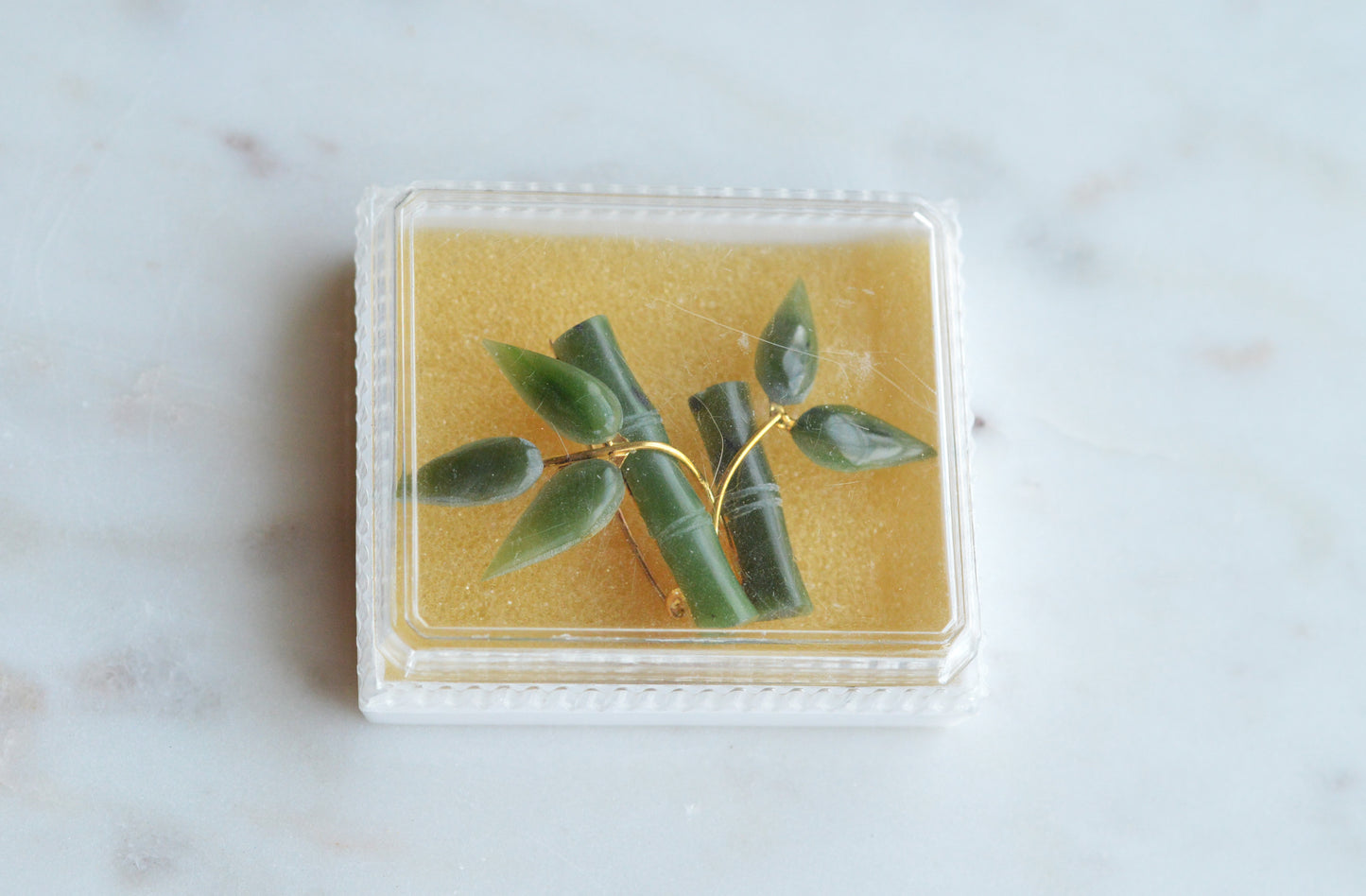 Vintage 1970s Carved Nephrite Jade Bamboo Brooch - Mid Century Style Pin in Original "Made in Taiwan ROC" Presentation Box