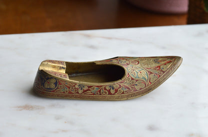 Vintage Brass Slipper Ashtray | Rare Blacklight Reactive Enamel | UV Fluorescent Indian Shoe | Hand-Painted Boho Tobacciana