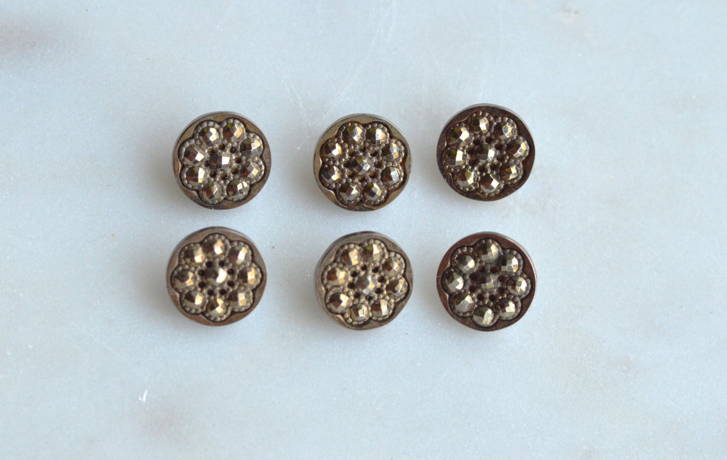 Set of 6 Antique Victorian Cut Steel Buttons – Crescent & Faceted Floral Design – 1/2" Steel Cup Construction – Circa 1880s