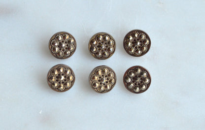 Set of 6 Antique Victorian Cut Steel Buttons – Crescent & Faceted Floral Design – 1/2" Steel Cup Construction – Circa 1880s