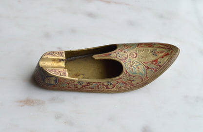 Vintage Brass Slipper Ashtray | Rare Blacklight Reactive Enamel | UV Fluorescent Indian Shoe | Hand-Painted Boho Tobacciana