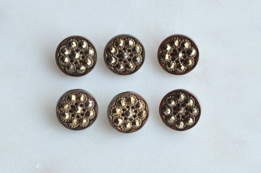 Set of 6 Antique Victorian Cut Steel Buttons – Crescent & Faceted Floral Design – 1/2" Steel Cup Construction – Circa 1880s