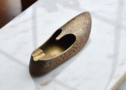 Vintage Brass Slipper Ashtray | Rare Blacklight Reactive Enamel | UV Fluorescent Indian Shoe | Hand-Painted Boho Tobacciana