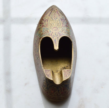 Vintage Brass Slipper Ashtray | Rare Blacklight Reactive Enamel | UV Fluorescent Indian Shoe | Hand-Painted Boho Tobacciana