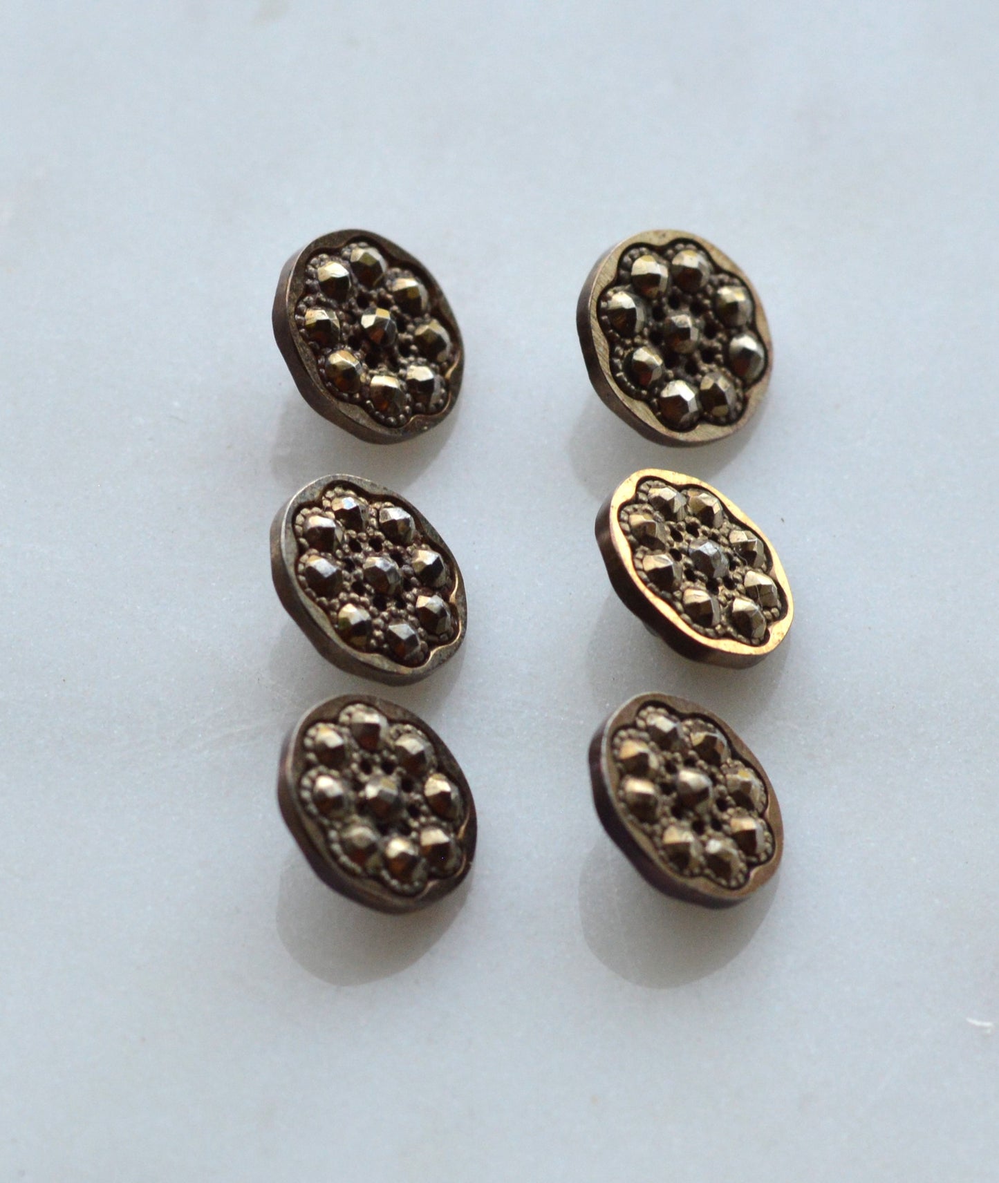 Set of 6 Antique Victorian Cut Steel Buttons – Crescent & Faceted Floral Design – 1/2" Steel Cup Construction – Circa 1880s