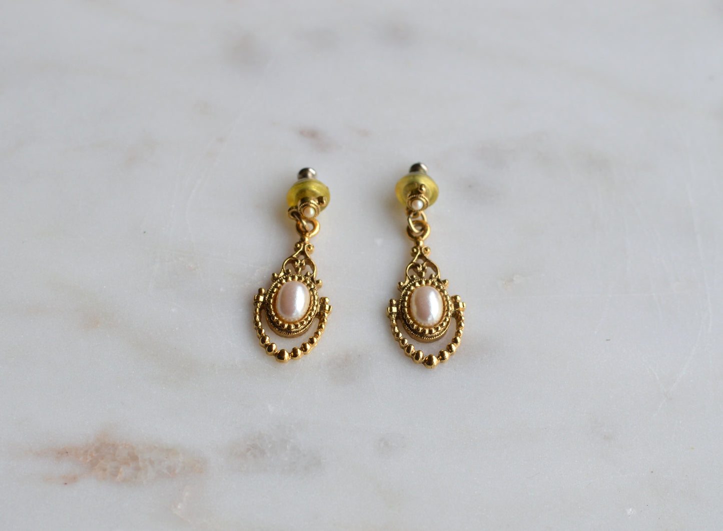 Vintage 1928 Jewelry Gold Tone Faux Pearl Dangle Earrings | Victorian Revival Filigree Drop Earrings