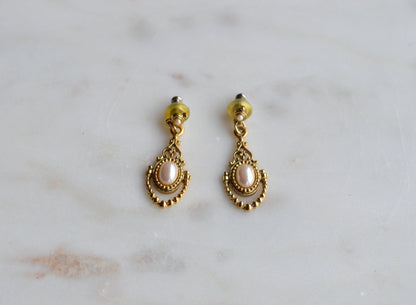 Vintage 1928 Jewelry Gold Tone Faux Pearl Dangle Earrings | Victorian Revival Filigree Drop Earrings