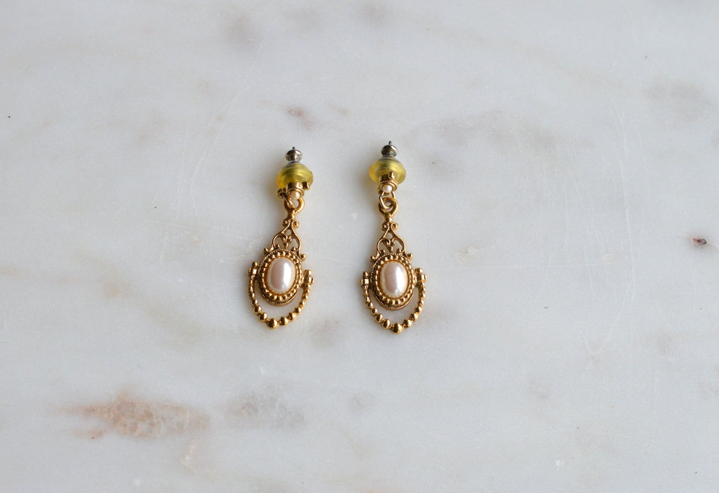 Vintage 1928 Jewelry Gold Tone Faux Pearl Dangle Earrings | Victorian Revival Filigree Drop Earrings