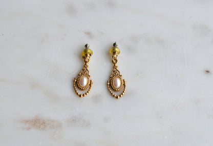 Vintage 1928 Jewelry Gold Tone Faux Pearl Dangle Earrings | Victorian Revival Filigree Drop Earrings