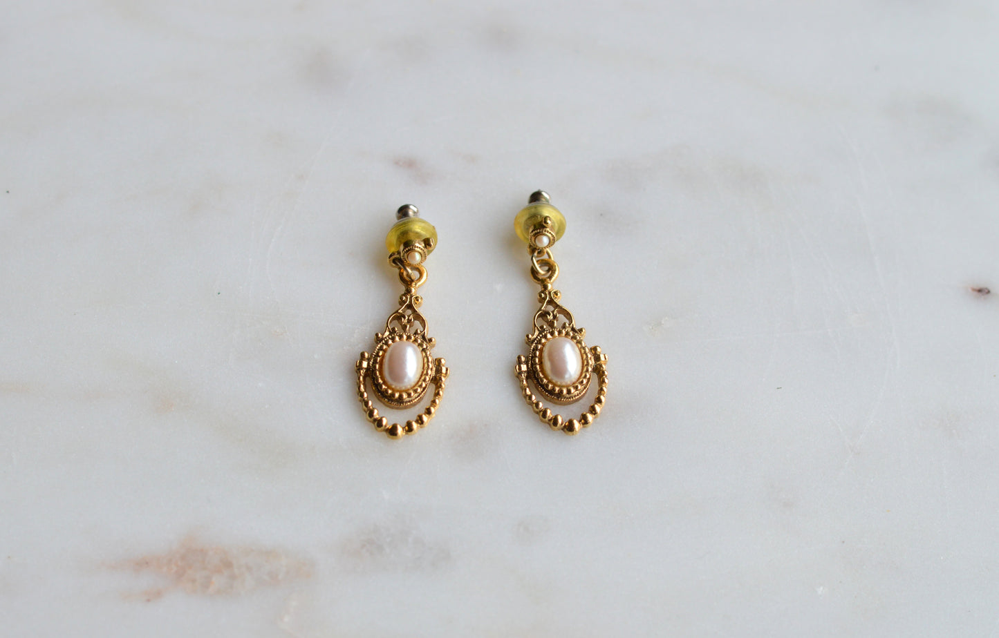 Vintage 1928 Jewelry Gold Tone Faux Pearl Dangle Earrings | Victorian Revival Filigree Drop Earrings