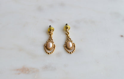 Vintage 1928 Jewelry Gold Tone Faux Pearl Dangle Earrings | Victorian Revival Filigree Drop Earrings