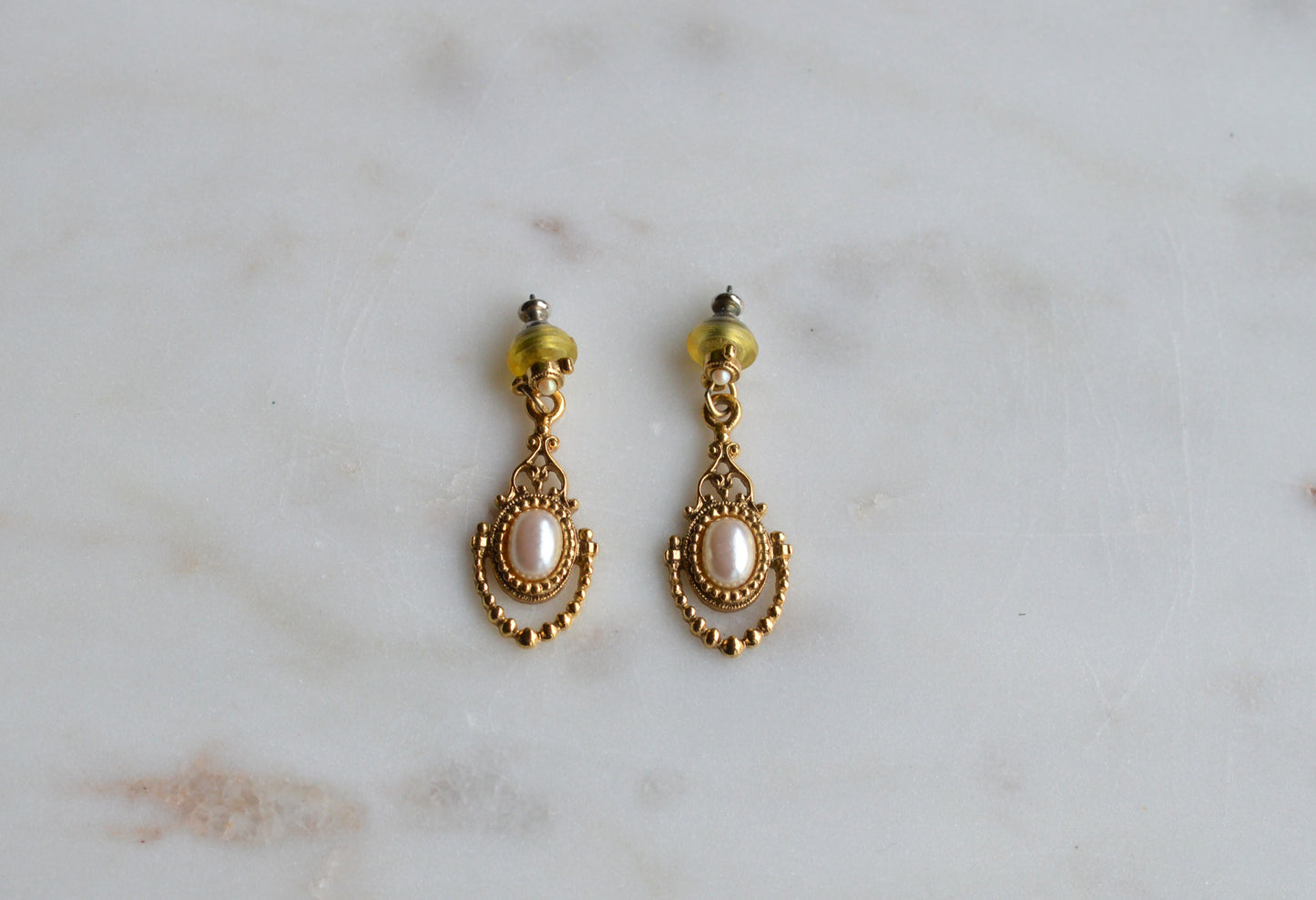 Vintage 1928 Jewelry Gold Tone Faux Pearl Dangle Earrings | Victorian Revival Filigree Drop Earrings
