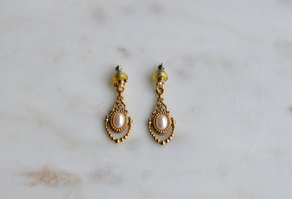 Vintage 1928 Jewelry Gold Tone Faux Pearl Dangle Earrings | Victorian Revival Filigree Drop Earrings