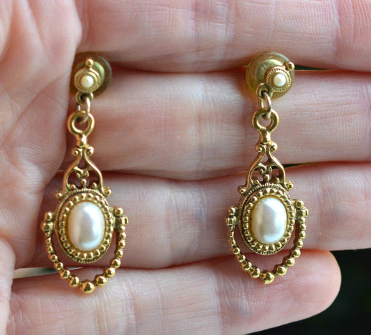 Vintage 1928 Jewelry Gold Tone Faux Pearl Dangle Earrings | Victorian Revival Filigree Drop Earrings