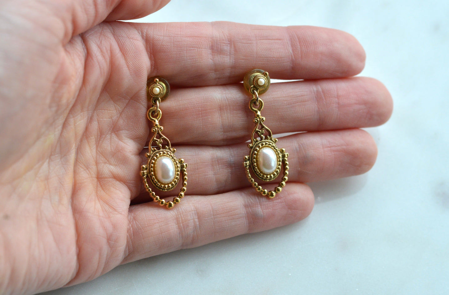 Vintage 1928 Jewelry Gold Tone Faux Pearl Dangle Earrings | Victorian Revival Filigree Drop Earrings